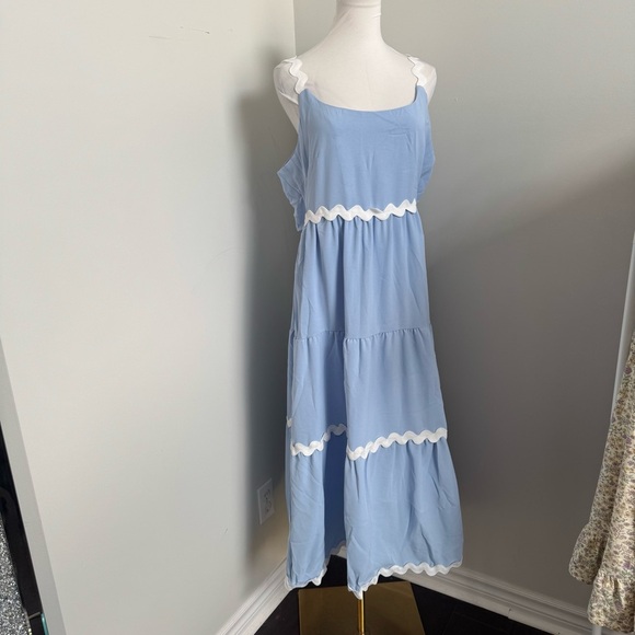 NWT Blue Tiered Midi Dress | Scallop Trim Sundress Cottagecore Brunch Style XL - Picture 3 of 9